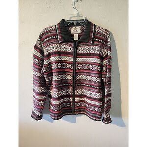 Tiara International Fair Isle cardigan Colorful Christmas Red Gray Zip Sz Medium